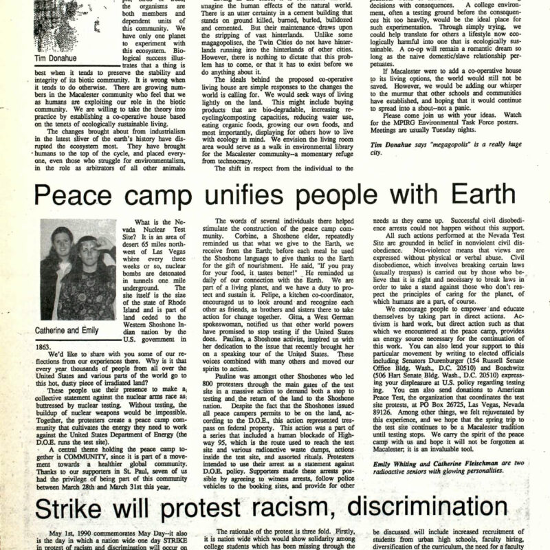 Opinion page--Co-op, Nevada peace camp, May Day strike from Mac Weekly, April 20, 1990